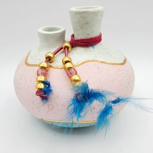 Southwest Two Spouted Jug/Cream/Pink/Aqua with Gold Trim